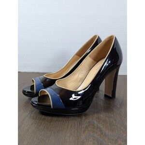 MARVIN K Peep Toe Patent Leather Heels Pumps Womens 6 Black Blue Made in Italy